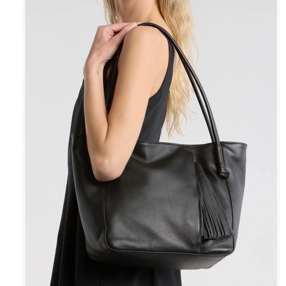 Hobo Black Top Grain Leather Tassel Tote Bag Rolled Straps and Exterior Pocket